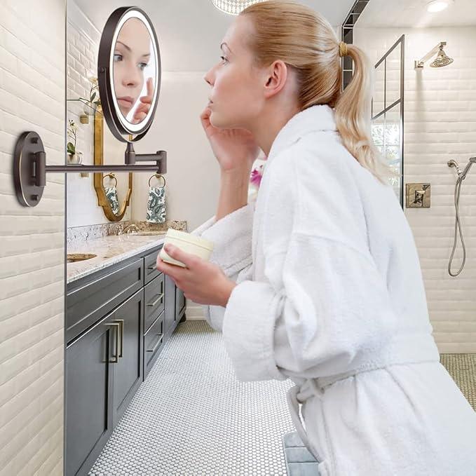 Rocollos Rechargeable Wall Mounted Lighted Makeup Mirror, 8 Inch Double-Sided LED Vanity Mirror 1X/10X Magnification,3 Color Lights Touch Screen Dimmable 360°Swivel 13 Inch Extendable - ModernBath