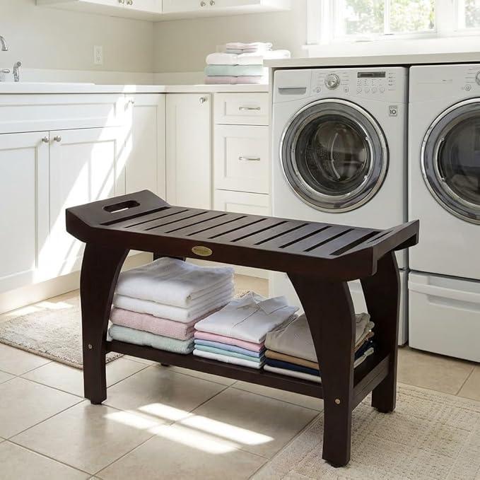 DecoTeak Tranquiity 30 Inch Brown Waterproof Teak Wood Shower Bench Stool Seat Chair for Inside Shower Provides Safety, Storage, and Organization for Bathroom Accessories - ModernBath