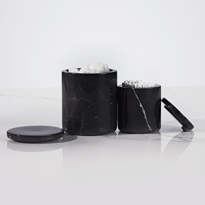 Black Natural Marble Storage Jar with Lid, 3 Inch Dia 3.5 Inch Ht Elegant Stone Canister, Damp-Proof Cosmetic Container for Cotton Swabs, Jewery, Bathroom Jar