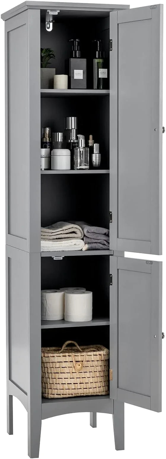 Tangkula Tall Bathroom Storage Cabinet, 5-Tier Wooden Freestanding Tower Cabinet Floor Organizer, Narrow Storage Floor Cabinet w/2 Doors & Shelves for Bathroom Living Room Kitchen (Grey) - ModernBath
