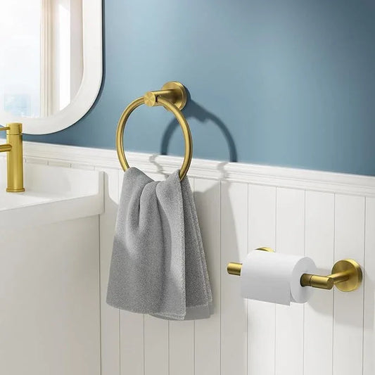 FORIOUS Toilet Paper Holder Wall Mount, SUS304 Stainless Steel Double Post Pivoting Tissue Roll Holder and Hand Towel Ring Set for Bathroom, RV, Bathroom Hardware Accessories Set, Brushed Gold - ModernBath