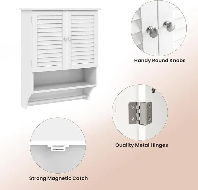Tangkula Wall Mounted Bathroom Cabinet with Open Shelf & Bar, Medicine Cabinet with Double Louvered Doors, Wall Storage Cabinet with Adjustable Shelf, for Bathroom Living Room Kitchen (White) - ModernBath