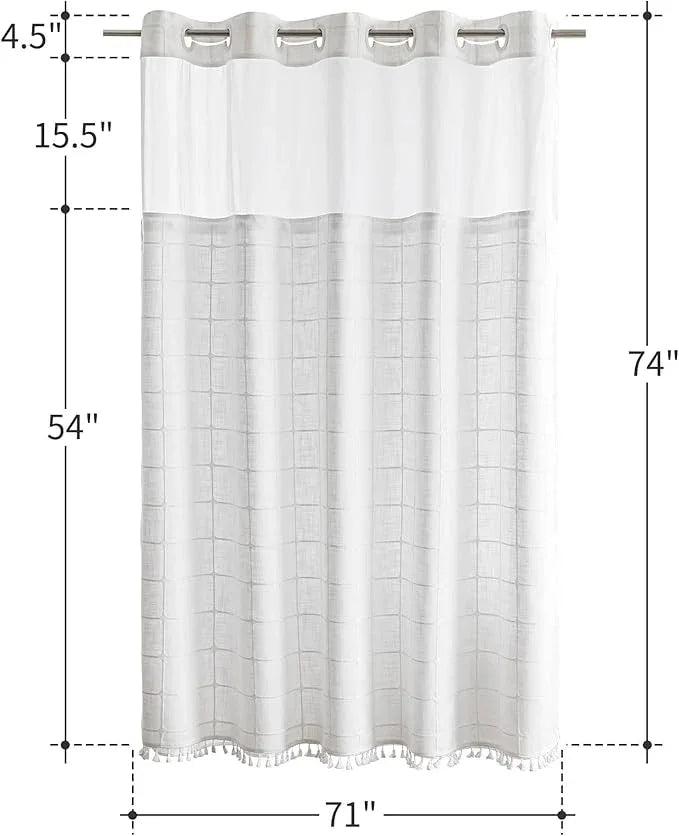 Farmhouse Shower Curtain with Snap-in Liner, No Hooks Needed ,Fabric Shower Curtains with Tassels for Rustic Bathroom Decor,with Window,with Magnets,Water Repellent&Machine Washable,White,71x74Inch - ModernBath