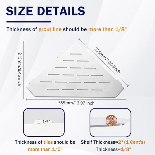 10" Corner Shower Shelf 2 Pcs Brushed 304 Stainless Steel Diamond Heavy Duty Floating Corner Shelves Slot Design Recessed Bathroom Shower Shelf for 90° Tiled Wall, No Drilling Needed