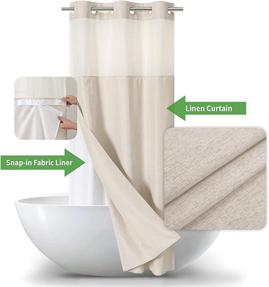 eachope Stall No Hooks Needed Linen Textured Shower Curtain with Snap-in Fabric Liner Set,Hotel Luxury Decor Shower Curtains for Bathroom with Mesh Top Window,Waterproof & Washable,36Wx74H,Cream - ModernBath