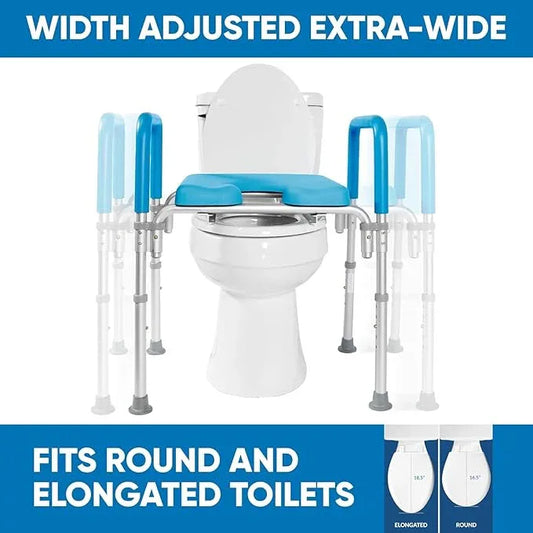 Ultimate Raised Toilet Seat with Handles, Bedside Commode, Padded Armrests, Adjustable Height, Premium Elevated Toilet Seat for Elderly Bathroom Safety with Arms, Standard and Elongated Toilets, Blue - ModernBath