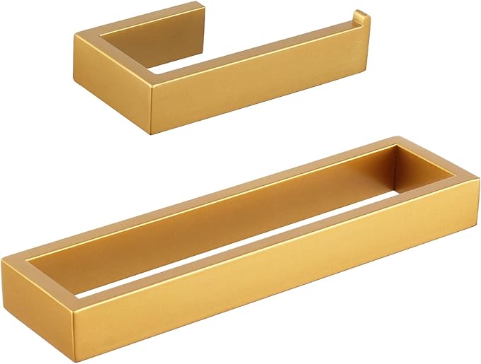 GERZWY Bathroom 2-Piece Accessory Set Gold Stainless Steel Toilet Paper Holder Towel Ring Wall Mount