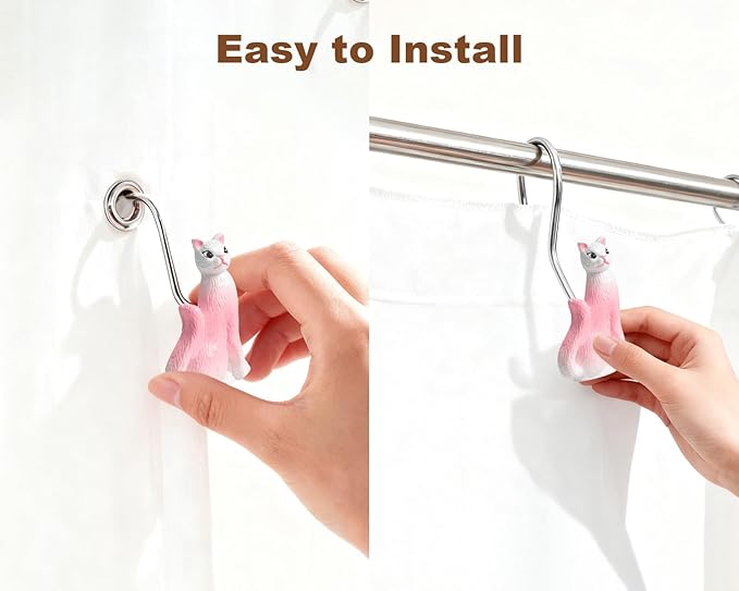 Ruvenis Pink Cat Shower Curtain Hooks Set of 12, Hand-Painted Resin Cat Shower Hooks with Rust-Resistant Metal Rings, Cute Bathroom Accessories