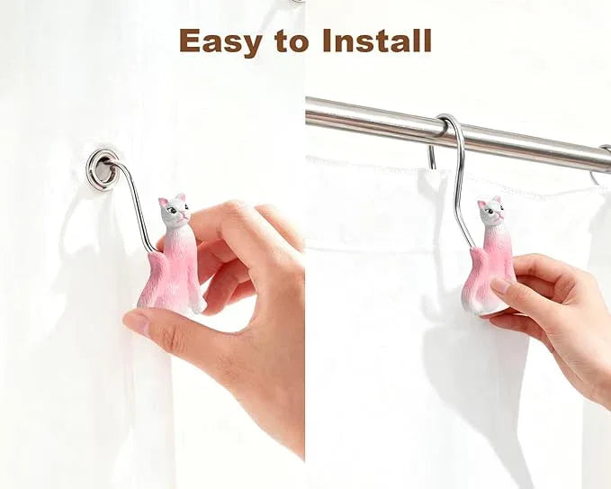 Ruvenis Pink Cat Shower Curtain Hooks Set of 12, Hand-Painted Resin Cat Shower Hooks with Rust-Resistant Metal Rings, Cute Bathroom Accessories - ModernBath