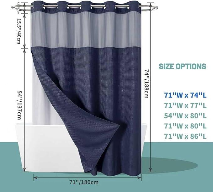 eachope Navy No Hook Waffle Weave Shower Curtain with snap-in Liner Replacement, 230GSM Waterproof Fabric Hotel Shower Curtain Set for Bathroom, Through Mesh Top Window,71Wx74H - ModernBath