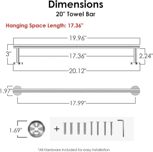 FORIOUS Towel Bar Wall Mounted, Stainless Steel Towel Racks for Bathroom, Includes Wall Mounting Hardware (Chrome, 20 Inch) - ModernBath