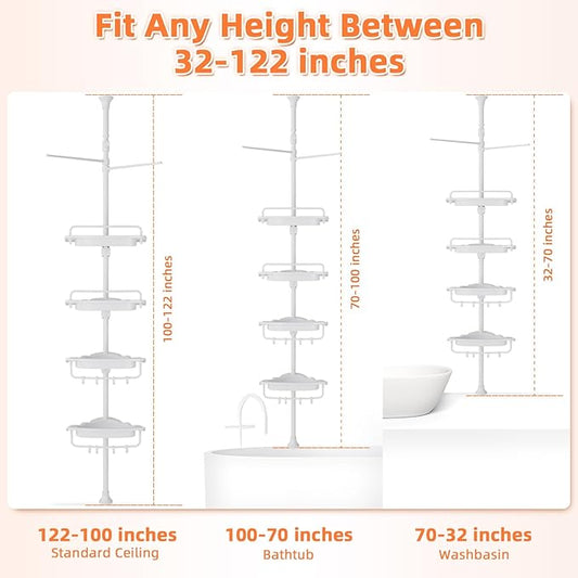 32-122inch Corner Shower Caddy Tension Pole All White, Rustproof Drill-Free Shower Shelves for Bathroom Bathtub Washbasin, Adjustable Shower Organizer with 4 Tier Patent Shelves & Towel Bars