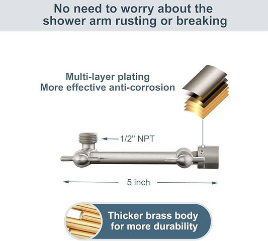 BRIGHT SHOWERS Brass Shower Arm Extender for Rain and Handheld Shower Head, 5 Inch Universal Shower Head Extension Arm, Height & Angle Adjustable, Brushed Nickel - ModernBath