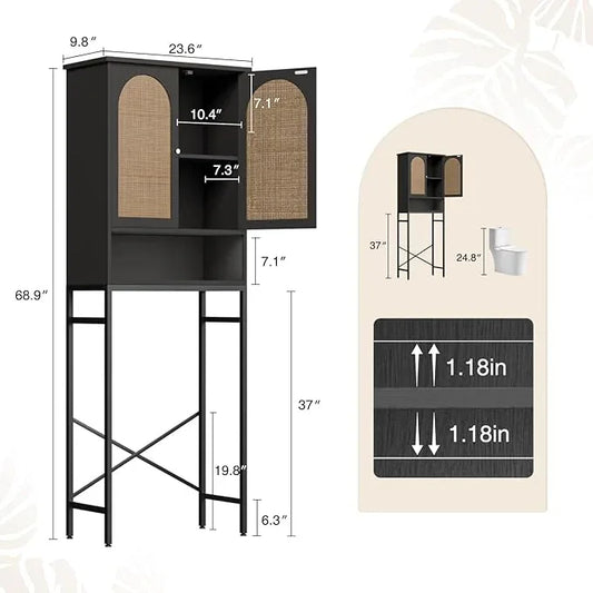 Rattan Toilet Storage Cabinet, Over The Rack Wood Cabinet with Metal Stand, Bathroom Organizer with Adjustable Shelf, Tall Freestanding Washer Shelf, Small Cupboard, Black - ModernBath