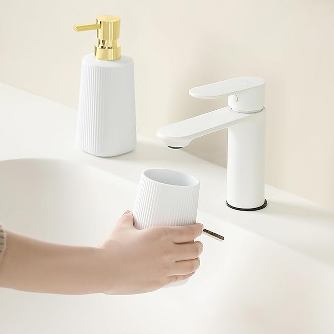 YAUKPH Bathroom Accessories 2 Piece Soap Dispenser and Toothbrush Holder Set Striped White and Gold