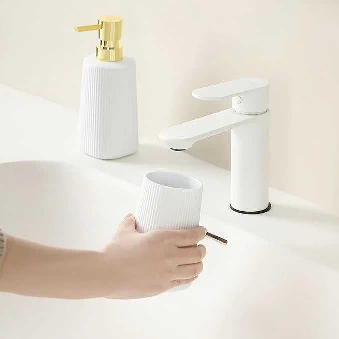 YAUKPH Bathroom Accessories 2 Piece Soap Dispenser and Toothbrush Holder Set Striped White and Gold - ModernBath