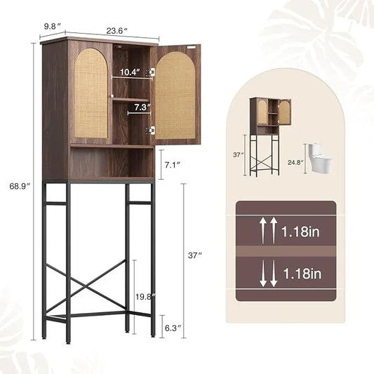 Rattan Toilet Storage Cabinet, Over The Rack Wood Cabinet with Metal Stand, Bathroom Organizer with Adjustable Shelf, Space Saving Cupboard for Small Bathrooms, Washer Shelf, Dark Brown - ModernBath