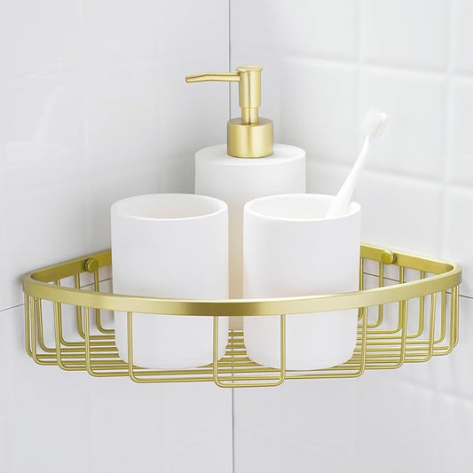 orhemus 304 Stainless Steel Shower Caddy Corner Basket Shelf Bathroom Organizer Wall Mounted Storage, Brushed Gold Brass Finish Heavy Duty