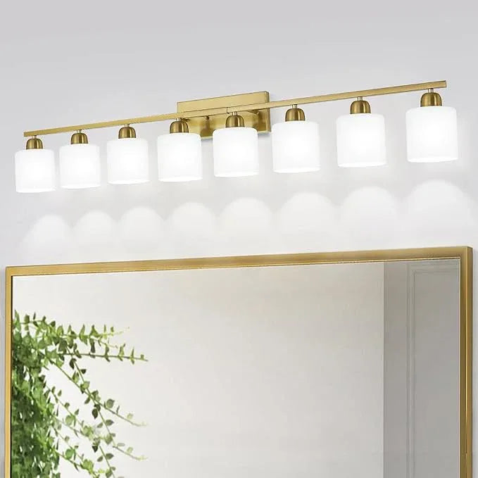 8 Light Bathroom Light Fixtures Gold for Big Mirror, Brushed Gold Vanity Lights for Bathroom with Milky White Frosted Glass Shades, 51 inch Wall Sconce for Mirrors Living Room Bedroom - ModernBath