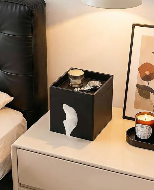 Luxspire Square Tissue Box Cover, PU Leather Square Tissue Box Cover with Storage Tray, Tissue Box Holder, Tissues Cube Boxes Cover for Living Room, Bedroom Countertop Cars Hotels, Black - ModernBath