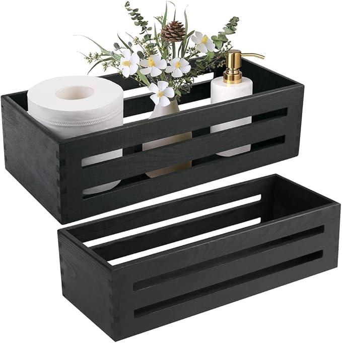 LotFancy Bathroom Decor Box, 2 Pack Wooden Toilet Paper Holder, Black Toilet Tank Basket, Back of Toilet Storage Basket, Farmhouse Toilet Tank Topper - ModernBath
