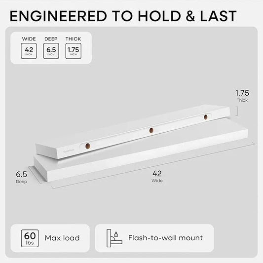 Homeforia White Floating Shelves 42 inch, High End Solid Real Wood 42inch Floating Shelf for Wall Mounted, White Wooden 42in Long Floating Shelves, Heavy Duty Bracket, 42 X 6.5 X 1.75 inches, Set of 3 - ModernBath