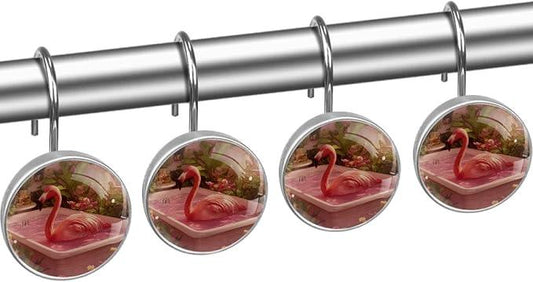 Pink Bathing Flamingo Shower Curtain Hooks, 12Pcs Decorative Rust Resistant Shower Rings for Shower Curtain Rods, Stainless Steel Round Curtain Hooks for Bathroom, Bedroom - ModernBath