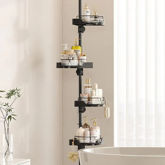 akinbas Shower Caddy Tension Pole with 4 L-Lazy Susan Organizer 360 Rotating 35-128 Inch No Drilling Floor Standing Shelves Adjustable Shower Rack for Bathroom Corner (Black) - ModernBath