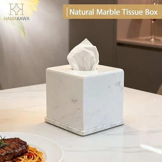 HAMAKAWA Natural Marble Tissue Box Cover, Volakas White Tissue Organizer 6 x 6 x 5.7 inch, Heavy Stone Decorative Box, Square Tissue Box Holder for Home Decor, Kitchen, Bathroom, Bedroom - ModernBath