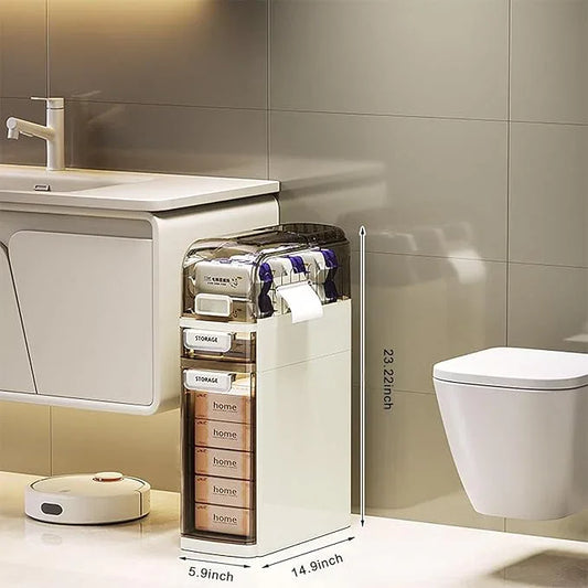 PULNDA 3-Tiers Slim Narrow Bathroom Storage Cabinet with Drawers, Waterproof Skinny Bathroom Storage Floor Cabinet with Tissue Box and Wheels for Small Spaces - ModernBath