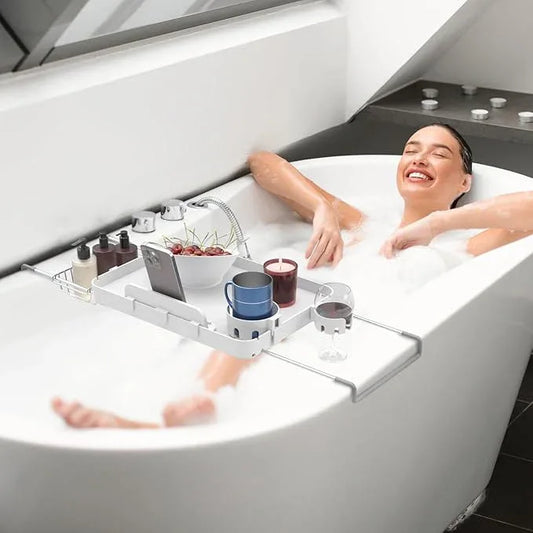 Bathtub Tray for Large Soaking Tub Table Tray Expandable Tub Shelf for Bathtub Caddy Bath Shelf Over Tub Luxury Bath Board Book Holder with Removable 2 Cup Holder Phone Metal Shower Caddy Basket White - ModernBath