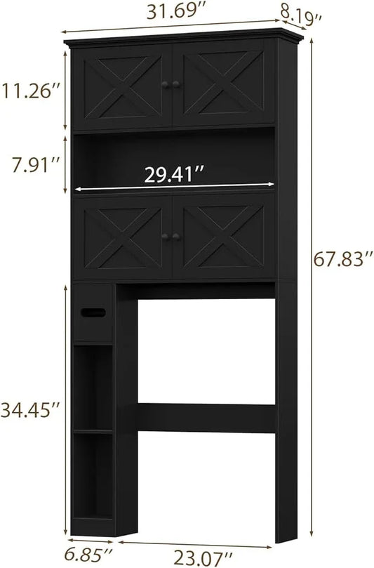 Over The Toilet Storage Cabinet, Farmhouse Storage Cabinet Over Toilet with 4 Barn Doors & Toilet Paper Holder Stand, Black Toilet Shelf Home Space Saver for Restroom, Bathroom, Laundry - ModernBath
