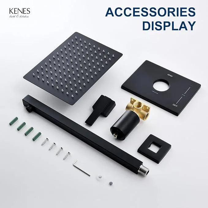 KENES Matte Black Shower Faucet with 10-Inch Shower Head and Handle Set, Square Shower Faucet Set Bathroom Rainfall Shower System Wall Mount, KE-6024B-2 (Shower Valve Included) - ModernBath