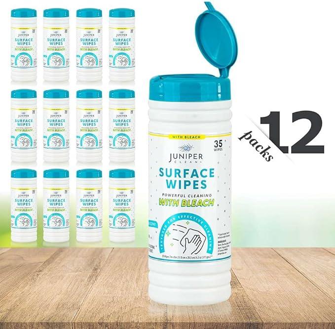 Juniper CLEAN 12 Pack Surface Cleaning Wipes with Bleach, All-Purpose Cleaner for Bathroom, Kitchen, Office, 420 Count Canister, 7.5" x 7" Sheet, Fresh Scent, Lint Free & Durable - ModernBath