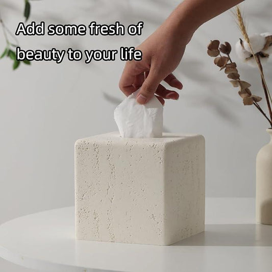 Haocoott Tissue Box Cover Square, Resin Facial Tissue Holder Covers Toilet Paper Holder Decorative Travertine Paper Dispenser Home Decor for Bathroom Bedroom Living Room Office (Off White) - ModernBath