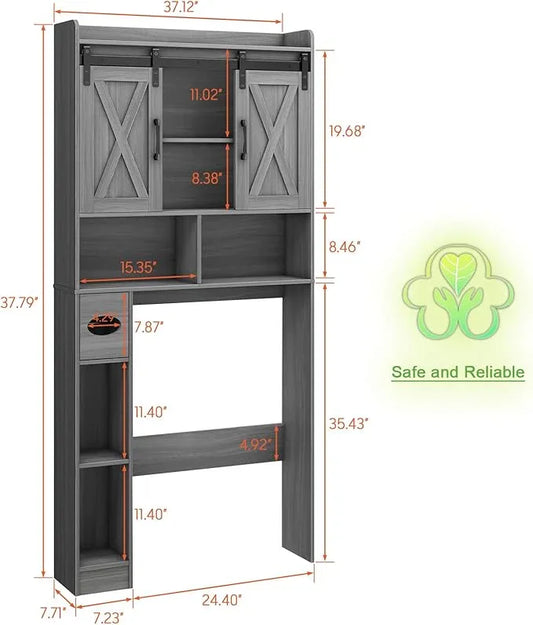 Farmhouse Over The Toilet Storage Cabinet with Sliding Door & Toilet Paper Holder Stand, Space-Saving for Bathroom & Restroom, Wash Grey - ModernBath