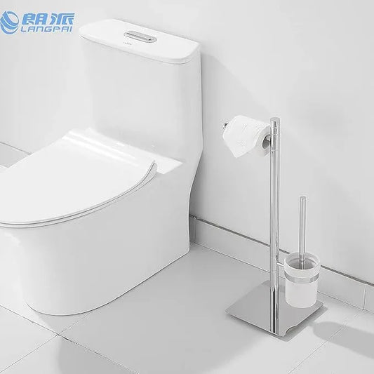 Freestanding Toilet Brush and Paper Holder Set Superior Hotel Luxury Style Join Roll Paper and Toilet Brush Non-Skid Sturdy Floor Stand Brass Chrome with White Ceramic Cup - ModernBath