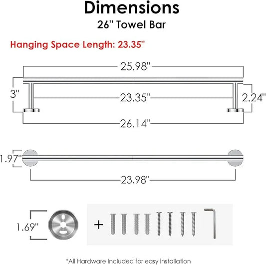 FORIOUS Towel Bar Wall Mounted, Stainless Steel Towel Racks for Bathroom, Includes Wall Mounting Hardware (Chrome, 26 Inch) - ModernBath