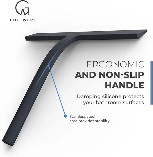GÜTEWERK Shower Squeegee for Glass Doors, Silicone Window Squeegee, Bathroom and Glass Cleaning - Black - 9 Inch - ModernBath