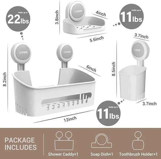LUXEAR 3 Pack Shower Caddy Suction Cup Set - Shower Shelf, Soap Dish, Toothbrush Holder - White - ModernBath