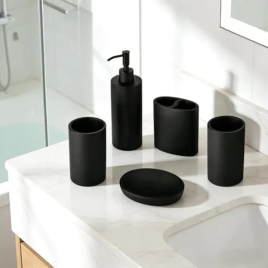 Jincrop Matte Black 5 Piece Bathroom Accessories Set - Resin Countertop Kit with Soap Dispenser, Toothbrush Holder, 2 Tumbler Cups, Soap Dish - ModernBath