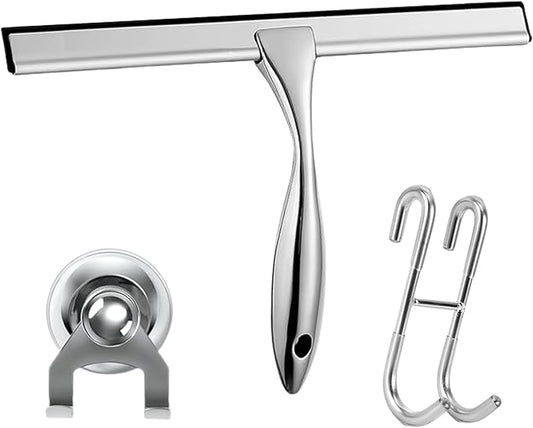 12'' Light Weight Stainless Steel Shower Squeegee for Glass Doors with 4 Pieces Set (1 Window Squeegee, 1 Door Hook and 2 Adhesive Hooks) Perfect Cleaning Tool for Car, Window, Bathroom Mirror