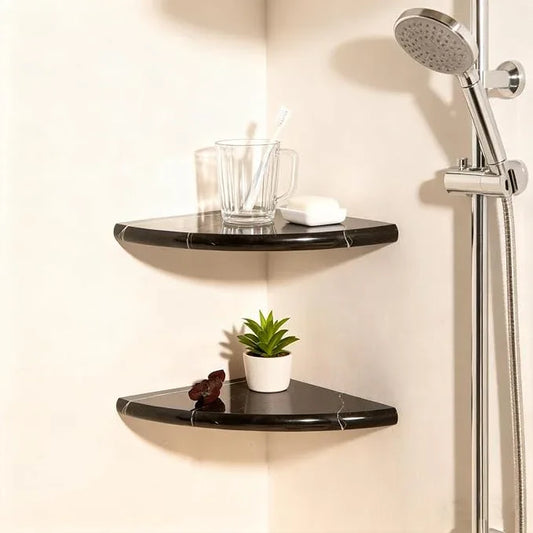 Lovdeco 2 Pcs Black Marble Corner Shelf, Nero Marquina Black Marble Corner Shower Shelf, Polished 9" Round Edge Corner Shelves for Bathroom, Kitchen, Office, Living Room, 2 Piece - ModernBath