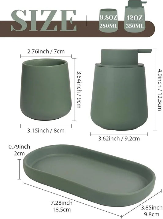 INGOFIN 3 Pcs Ceramic Bathroom Accessory Set - Foam Soap Dispenser, Toothbrush Holder & Tray, Bathroom Counter Set, Countertop Essentials for Home, Guest Bathroom, or Office Use, Matte Green - ModernBath