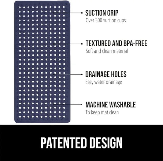 GORILLA GRIP Patented Bath Tub Shower Mat, Machine Washable Bathtub Floor Liner Mats, Suction Cups and Drain Holes to Keep Tubs Clean, Soft on Feet, Bathroom Essentials, 35x16 Inch, Navy Opaque - ModernBath