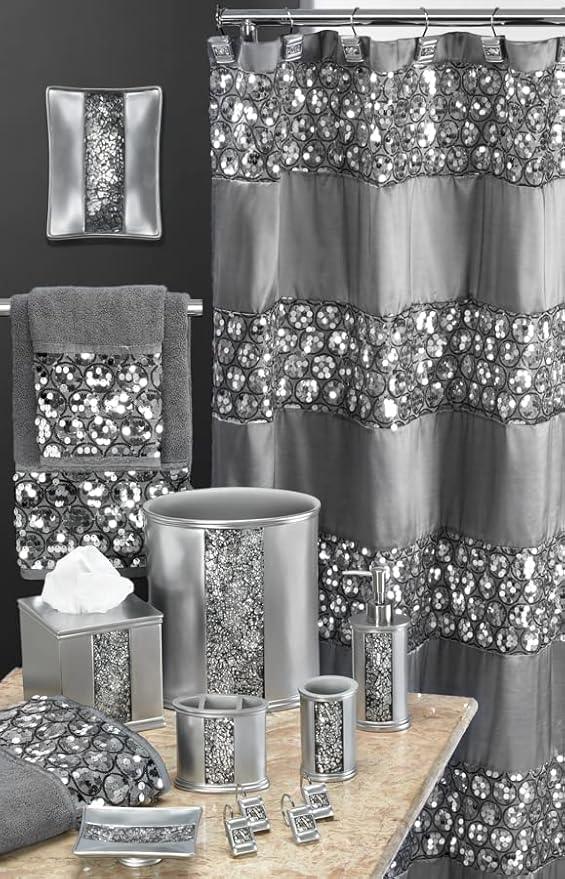 Zahari Home Sinatra 13pc Bathroom Shower Curtain Set - Classic Luxury Fabric Curtains with Unique Design & 12 Hooks - ModernBath