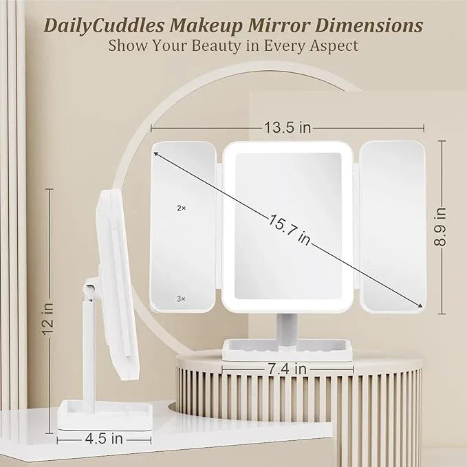 DailyCuddles Makeup Mirror Vanity Mirror with Lights, 3 Color Lighting Modes, 1X/2X/3X Magnification, Tri-fold, 360° Rotation, Phone Holder for Makeup, 2000mAh Rechargeable, Bedroom, Bathroom, (White) - ModernBath