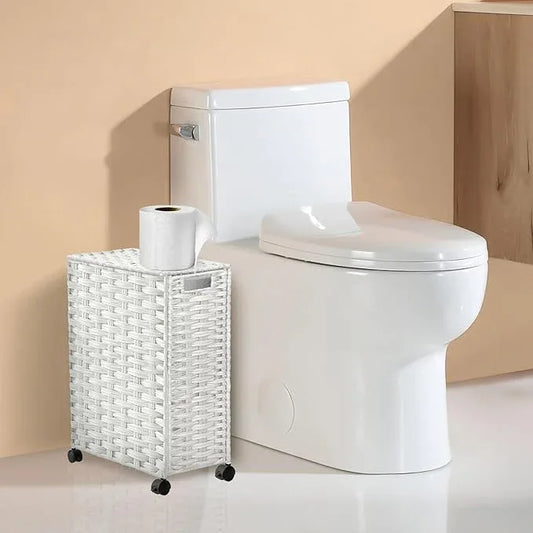 Hiagnete Toilet Paper Storage Basket with Lid and Wheels, Rattan Toilet Paper Holder Storage, Toilet Paper Organizer for Bathroom, Bedroom, Kitchen, 12.6”L x 7.1”W x 17.14”H, White - ModernBath