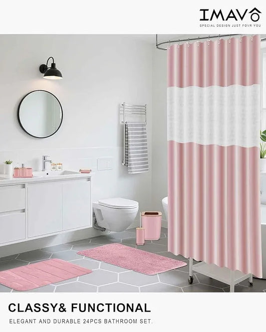 Bathroom Accessories Set,Pink Bathroom Set,24 Pieces Bathroom Accessory Set with Shower Curtain,Trash Can for Bathroom Accessories Décor and Home Gifts - ModernBath