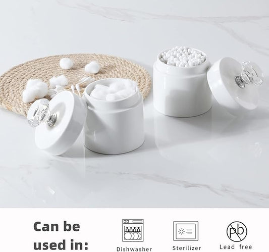 ONTUBE Porcelain Cotton Swabs Holder Organizer with Crystal Lid and Easy to Clean, White (Silver Lid, Set of 2)